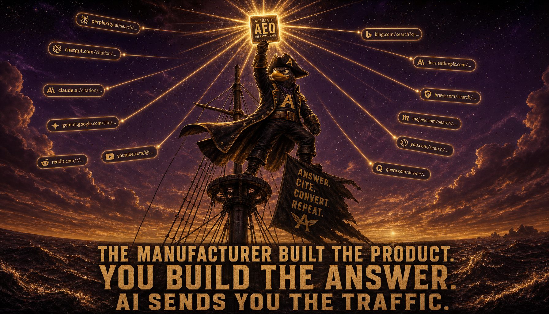 The Interceptor atop a ship's mast with the gold answer card raised, AI citation beams streaming across a dark ocean.